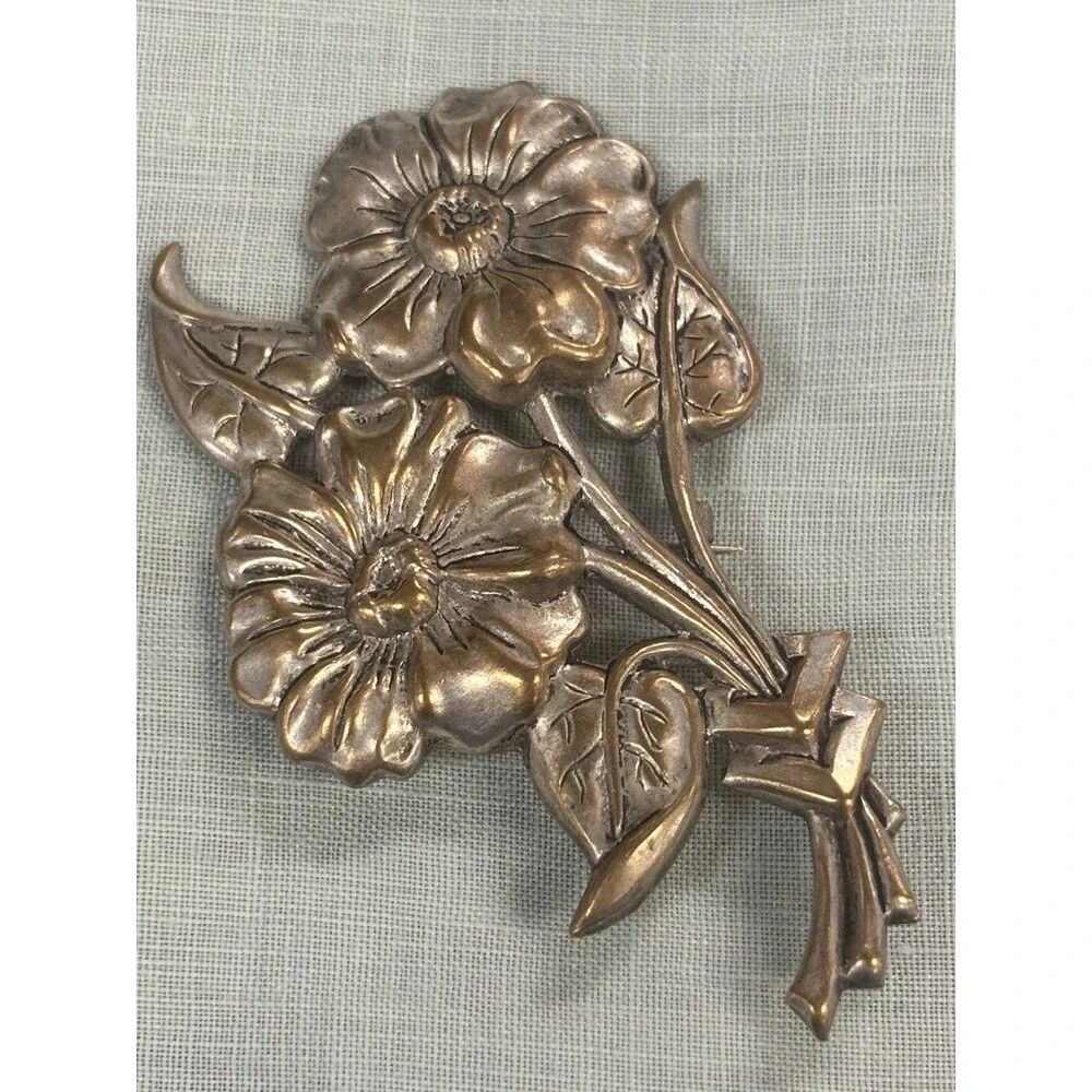 Vintage Floral Brooch Silver Tone Flower Spray Pin C Clasp Large Statement